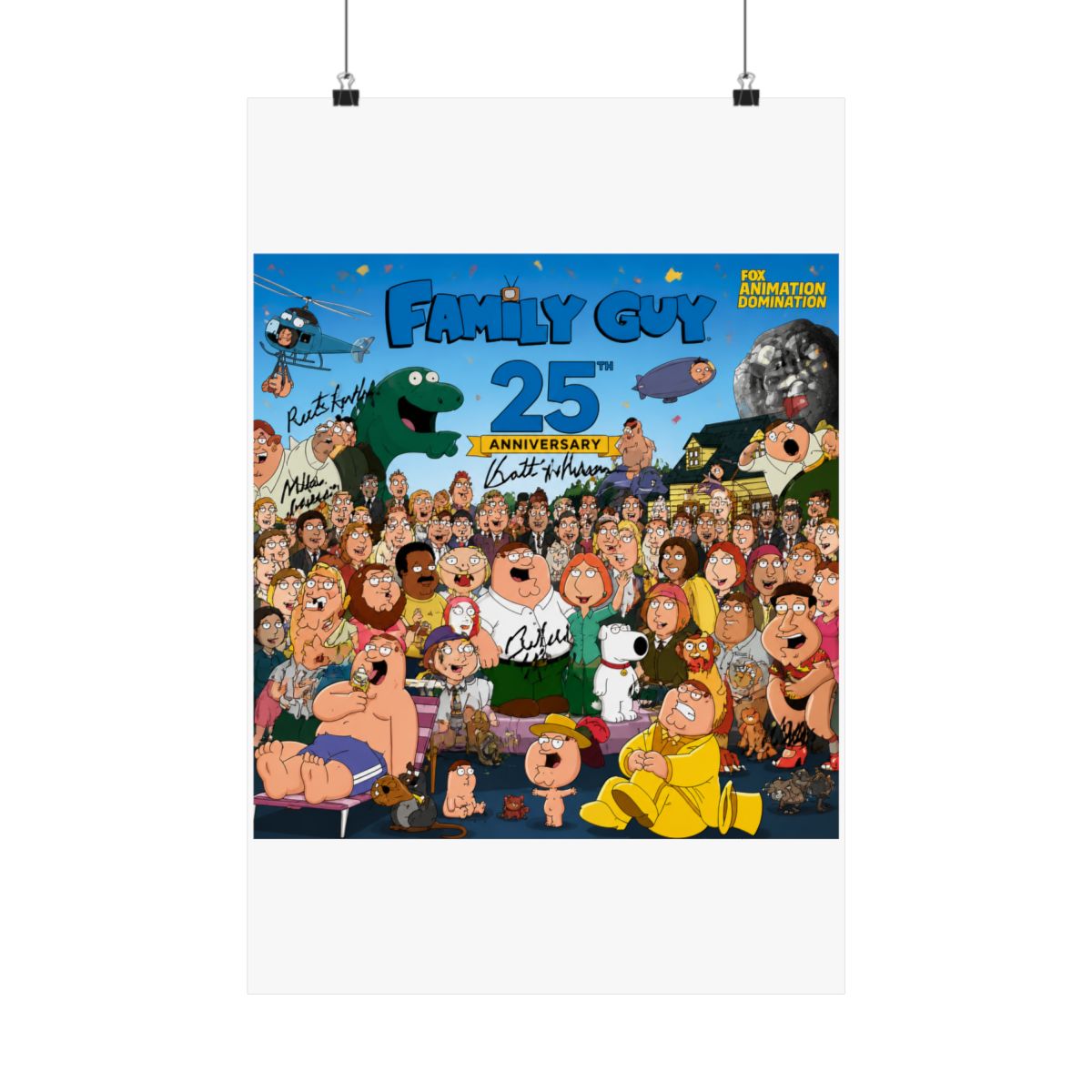 A Family Guy 25th Anniversary poster with a large group of cartoon characters, including Peter Griffin. The poster includes signatures and the Fox Animation Domination logo - alternate angle 3, merchandise