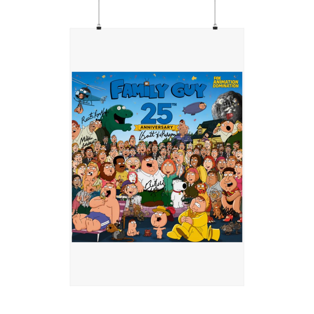 A Family Guy 25th Anniversary poster with a large group of cartoon characters, including Peter Griffin. The poster includes signatures and the Fox Animation Domination logo - alternate angle 2, merchandise