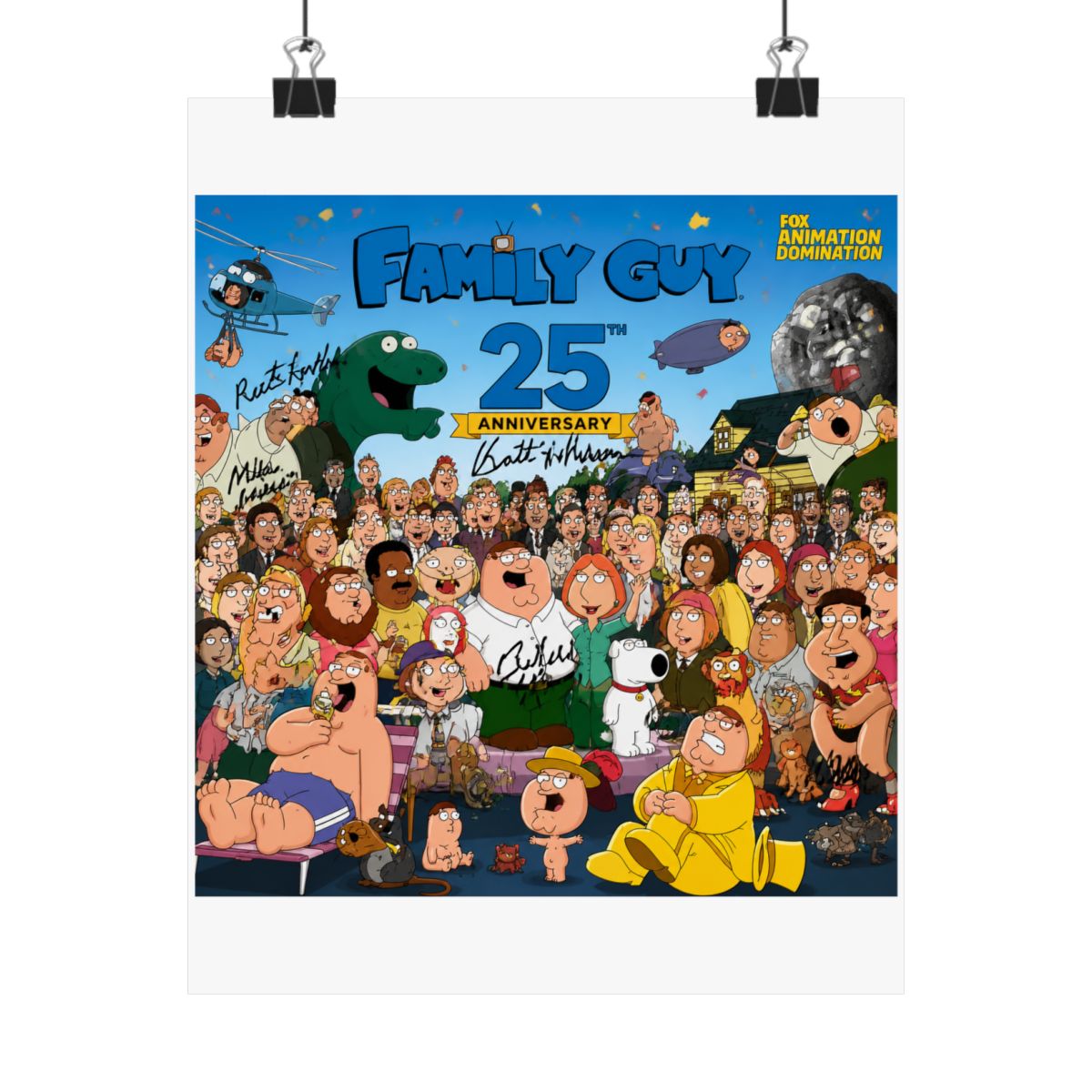 A Family Guy 25th Anniversary poster with a large group of cartoon characters, including Peter Griffin. The poster includes signatures and the Fox Animation Domination logo - Family Guy official Posters & Wall Art merch